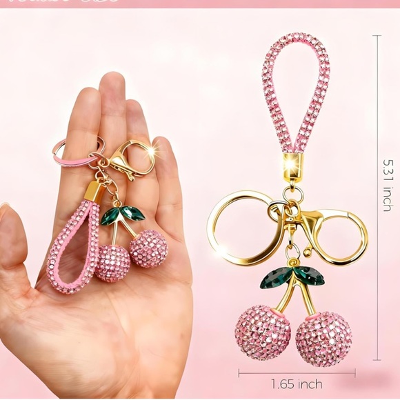 Pink Cherry Rhinestone Bling Keychain Accessory Bag Charm - Picture 3 of 7